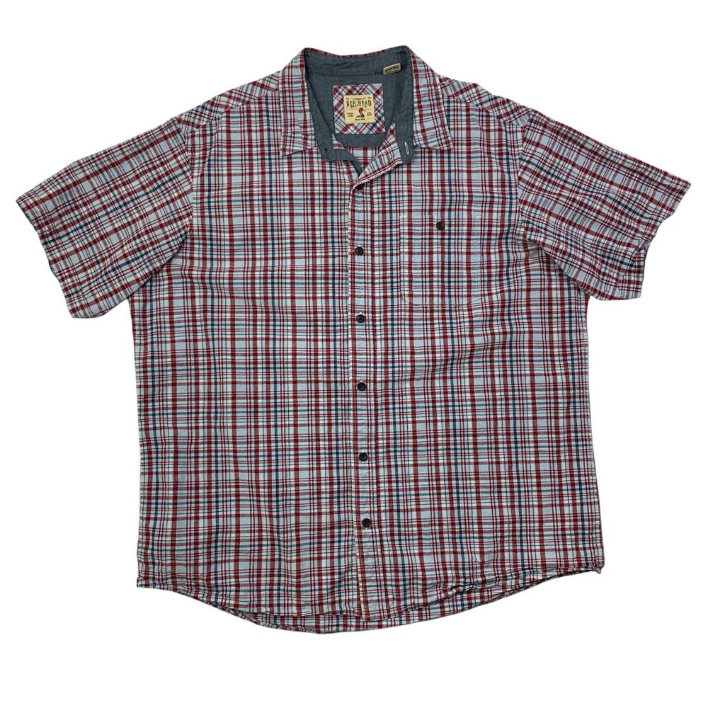RedHead Shirt Mens 2XL XXL Blue Red Plaid Cotton Button Up Short Sleeve Pocket
